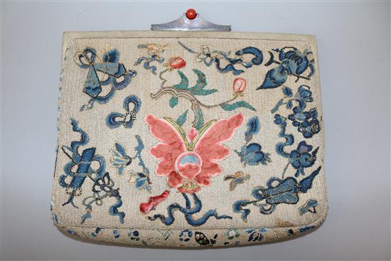 Two Chinese Peking Knot silk embroidered handbags, early 20th century, 26cm and 22cm